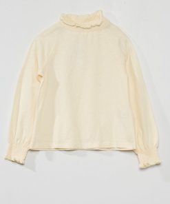 Tee-shirt manches longues avec col smocké - Blanc