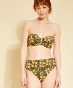 Bas de maillot de bain échancré taille haute - vert/jaune