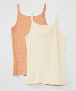 Débardeur en jersey avec maille ajourée - Ecru/rose