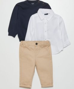 Ensemble chemise + pull + pantalon - 2 pièces - Beige