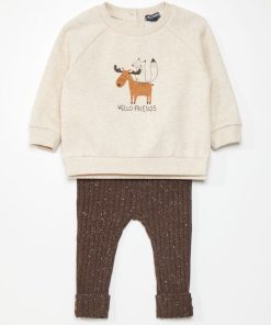 Ensemble sweat imprimé + legging côtelé - Marron
