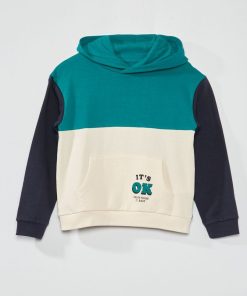 Sweat à capuche colorblock et message fantaisie - Vert/blanc/marine