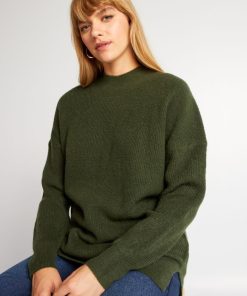 Pull en maille côtelée à col montant - Vert