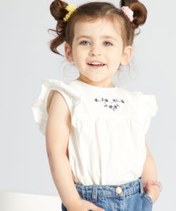 Tee-shirt brodé avec manches volantées - Beige