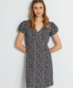Robe à motifs avec manches ballons - Noir