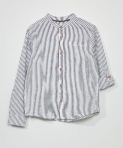 Chemise en lin col mao - Blanc/bleu