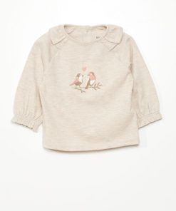 Tee-shirt à volants et oiseau brodé - Blanc