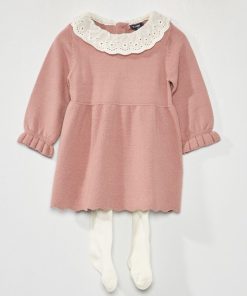 Robe en maille tricot + collants - 2 pièces - Rose