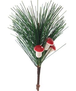 Branche de pin et mini champignons 13 cm - Vert