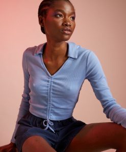 T-shirt col polo en maille côtelée - Bleu
