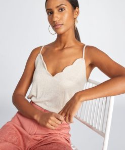 Débardeur pailleté avec col festonné - Beige