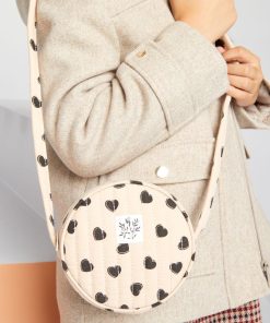 Sac bandoulière rond matelassé motif coeurs - Rose/marine