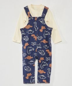 Ensemble Salopette à motif 'dinosaures' + body - blanc/bleu