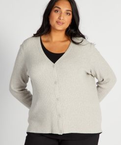 Gilet en maille côtelée encolure V - Gris