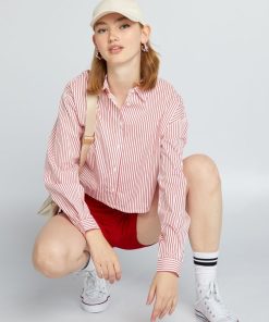 Chemise courte en coton - Rouge à rayures