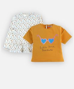 Set de 2 t-shirts en coton BIO, moutarde/écru - Blanc
