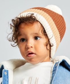 Bonnet tricolore à pompon - Marron