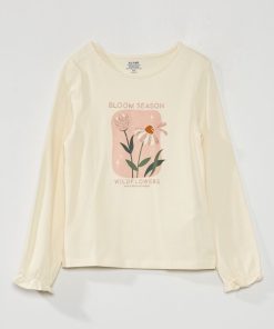 Tee-shirt imprimé et manches ballon - Ecru/rose