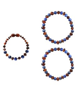 Box bracelet bébé et 2 bracelets Adulte - Ambre Cognac / Lapis Lazuli - Marron