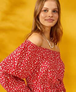 Blouse fleurie à encolure bardot - Rouge