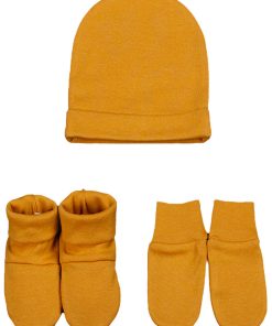 Eveil Et Nature Set Bonnet/moufle/chausson Jersey Coton Bio - Moutarde