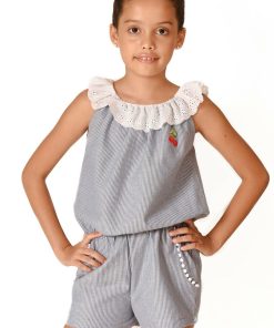 Combi-Short Été Fille Col élastique Fines Rayures Grises LOLITA - 'LA FAUTE A VOLTAIRE' - Blanc Gris anthracite