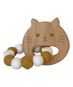 Hochet chat bois et silicone - Blanc