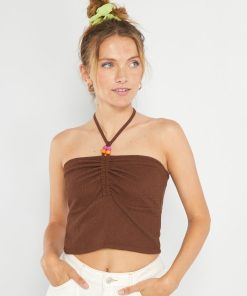 T-shirt côtelé à dos nu - Marron