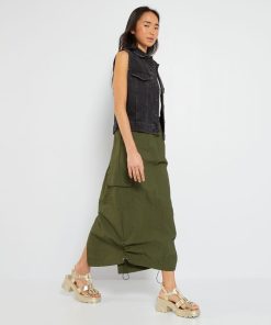 Jupe longue en toile parachute - Kaki