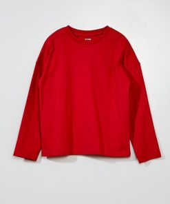 T-shirt en jersey uni à manches longues - rouge framboise