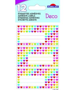 12 étiquettes adhésives scolaires - Rectangle - Petits cœurs multicolores - N/A
