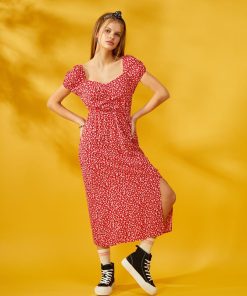 Robe longue avec imprimé floral - Rouge