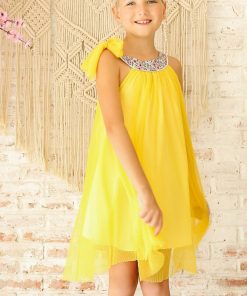 Robe Cérémonie Fille Voile Jaune Col Fleuri Liberty Lilas ALIZEE - 'LA FAUTE A VOLTAIRE' - Jaune