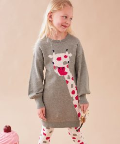 Robe en tricot cachemire avec une girafe, kaki - Vert