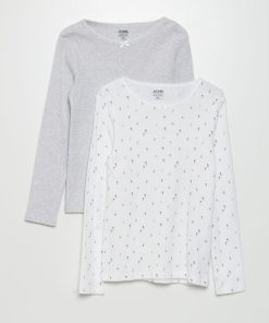 T-shirt en maille pointelle - Blanc/gris