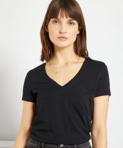 T-shirt col V en jersey - noir