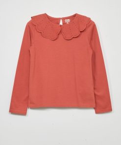 T-shirt à manches longues avec broderie anglaise - Rouge