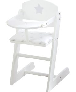 ROBA Chaise haute pour Poupée "Stella" en bois + Coussin Étoilé + Plateau Repas - Blanc/Gris - N/A