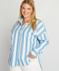 Chemise longue col italien - Bleu