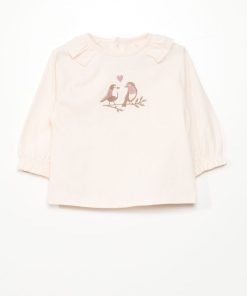 Tee-shirt à volants et oiseau brodé - Rose