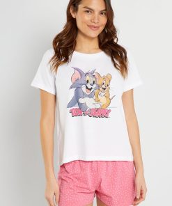 Ensemble pyjama court 'Tom et Jerry' - 2 pièces - blanc/rose