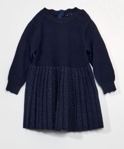 Robe bi-matière maille tricot et jupe plissée - bleu marine