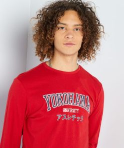 T-shirt à col rond manches longues - ROUGE