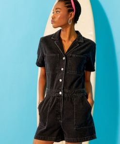 Combishort en jean - Noir