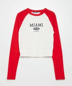 T-shirt crop 'Miami' manches longues - Blanc/rouge