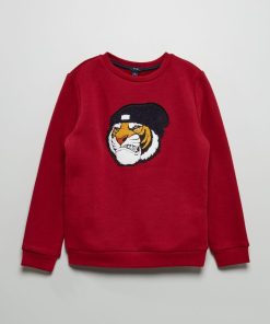 Sweat en molleton avec animal en maille bouclette - Rouge