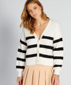 Gilet maille grosse jauge et boutons fantaisie - Blanc/noir