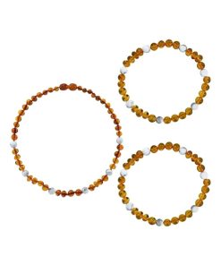 Box collier bébé et 2 bracelets Adulte - Ambre et pierres naturelles - Ambre Cognac / Howlite - Marron