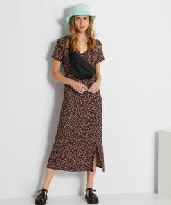 Robe longue à motifs - Noir/rose fleuri