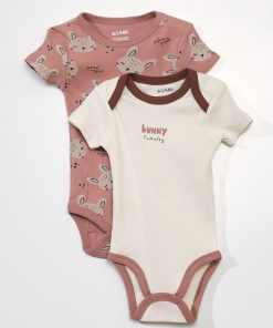 Lot de 2 bodies en maille côtelée - Rose/blanc